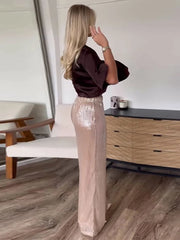 Lunivop  Women Champagne Gold Sequin Shirt & Pants Set Side Slit Blouse Wide-Leg Trousers Spring Party Outfit Fashion Glam Lady Suit
