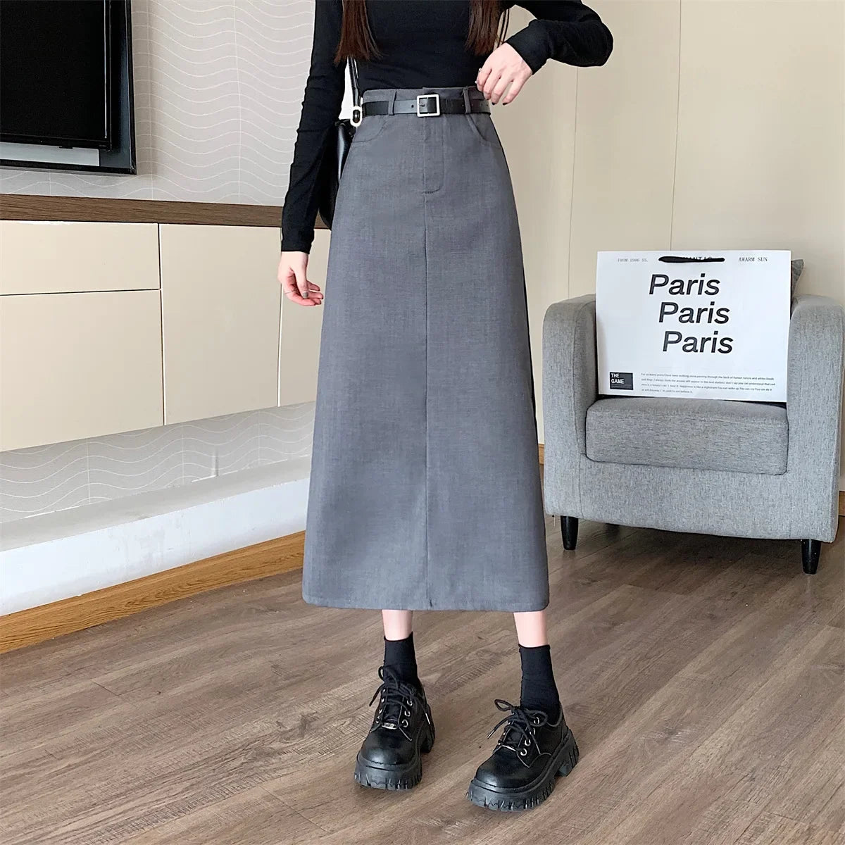 Lunivop High-waisted Slimming Skirt Greysuit Women's Lightweight Casual A- line Medium-length Dress