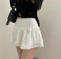 Lunivop Y2K Low Rise Mini Skirt Tiered Ruffled Lace Trim White Short Skirt Summer Women Teen-Girl Feminine Barbiecore Outfit