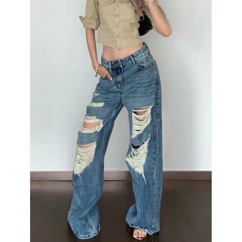Lunivop Women Y2k Ripped Jeans Vintage Harajuku Baggy Hip Hop Boyfriend Jean Pants Japanese 2000s Style Blue Denim Trousers Clothes 2025