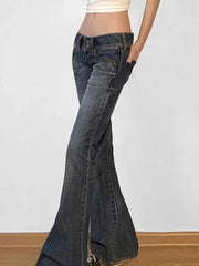 Lunivop Vintage Washed Basic Women Flared Jeans Low Waist American Style Slim Denim Pants Button-up Trousers Casual Aesthetic
