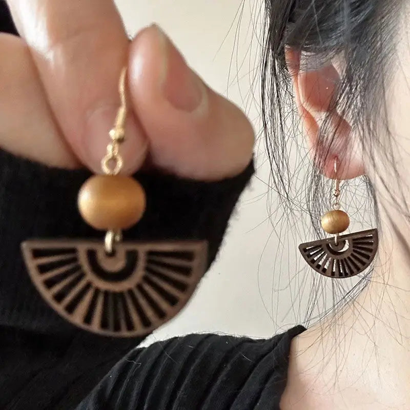 Lunivop Hollow Out Flower Vintage Wooden Earrings African Women Jewelry Geometric Fan Shape Design Gifts