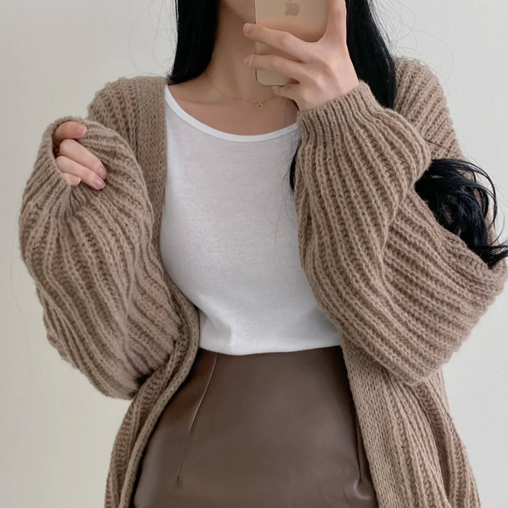 Lunivop Open Front Cardigan for Women Cozy Knit Oversized Open-up Sweater Grey Autumn Winter Teen-girl Casual Daily Outfit