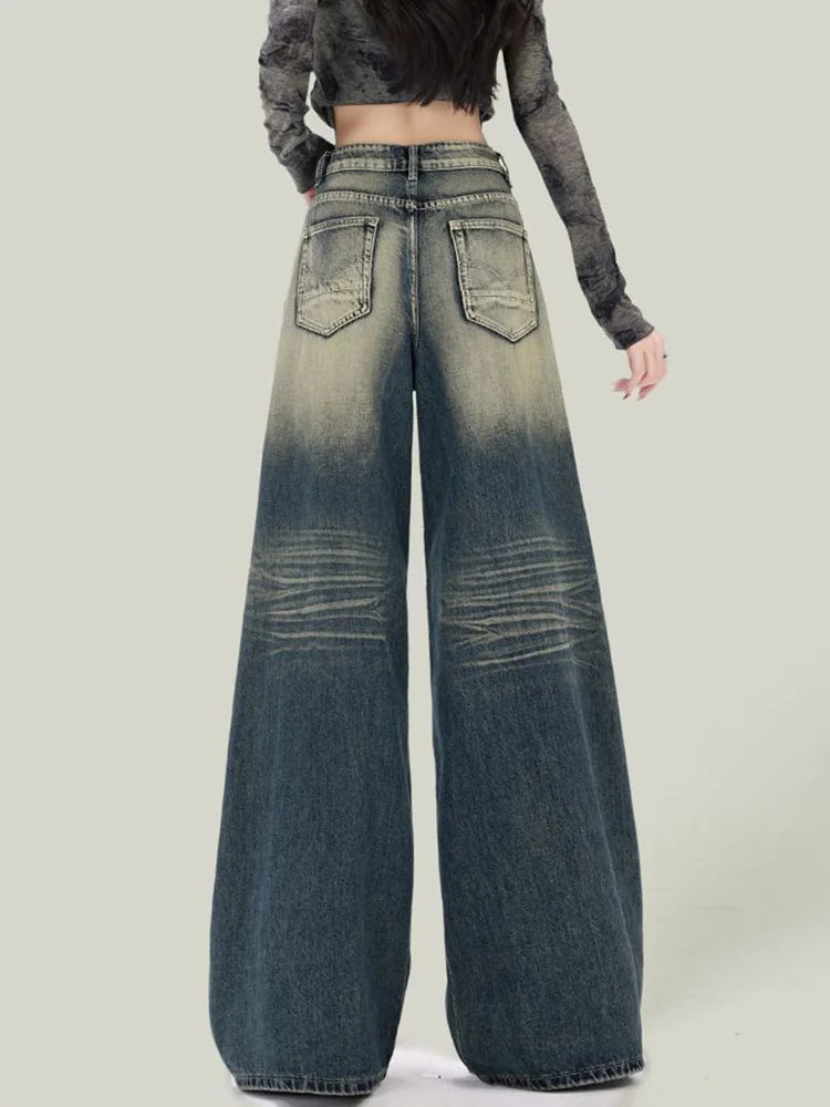 Lunivop Women Streetwear Retro Jeans Loose High Waist Y2K Denim Pants Casual American Harajuku Fall Female Pockets Wide Leg Trousers New