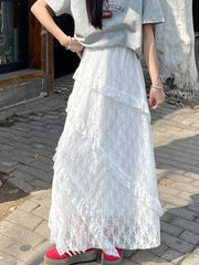 Lunivop  White Lace Mesh Long Skirt Women Sweet Preppy Style Elegant High Waist Skirt Vintage Casual Patchwork Loose Cute Long Skirt