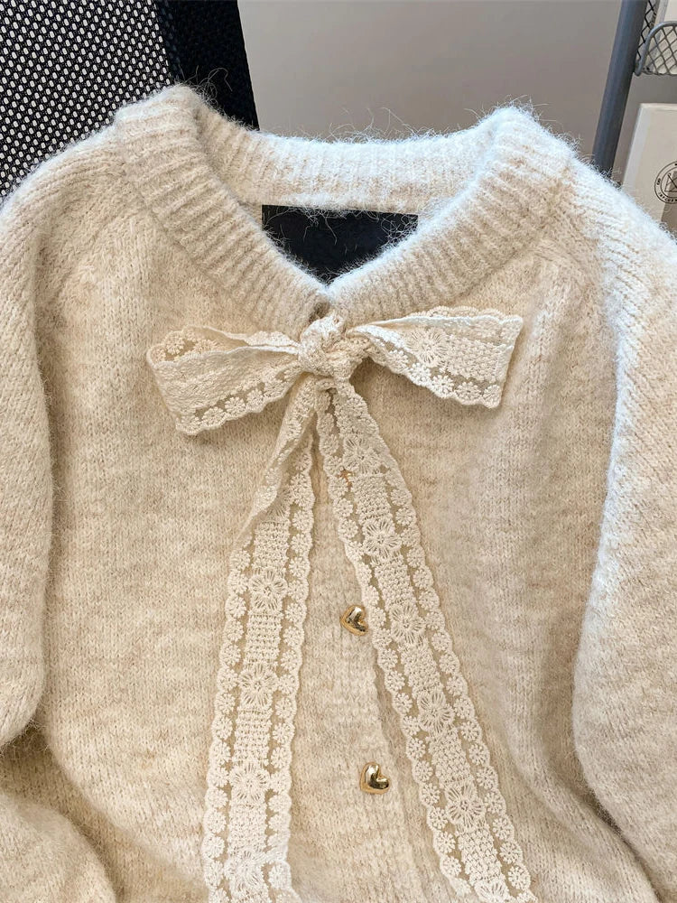 Lunivop Bow Sweet Women Cardigan Korean Long Sleeve Loose O Neck Knitted Sweaters Casual Love Buttons Vintage Lady Fall Winter Tops