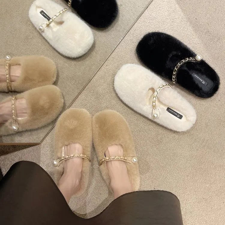 Lunivop Comfort Round Toe Lambs Wool Ballet Flats Woman Warm Teddy Fur Mary Jane Shoes Ladies Design Winter Fluffy Mule Slippers