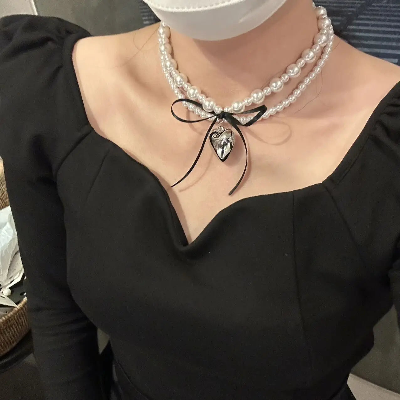 Lunivop Korean INS Sweet Cool Style Ribbon Bow Heart Double Layer Pearl Necklace for Female Minority Design Sense Collar Chain