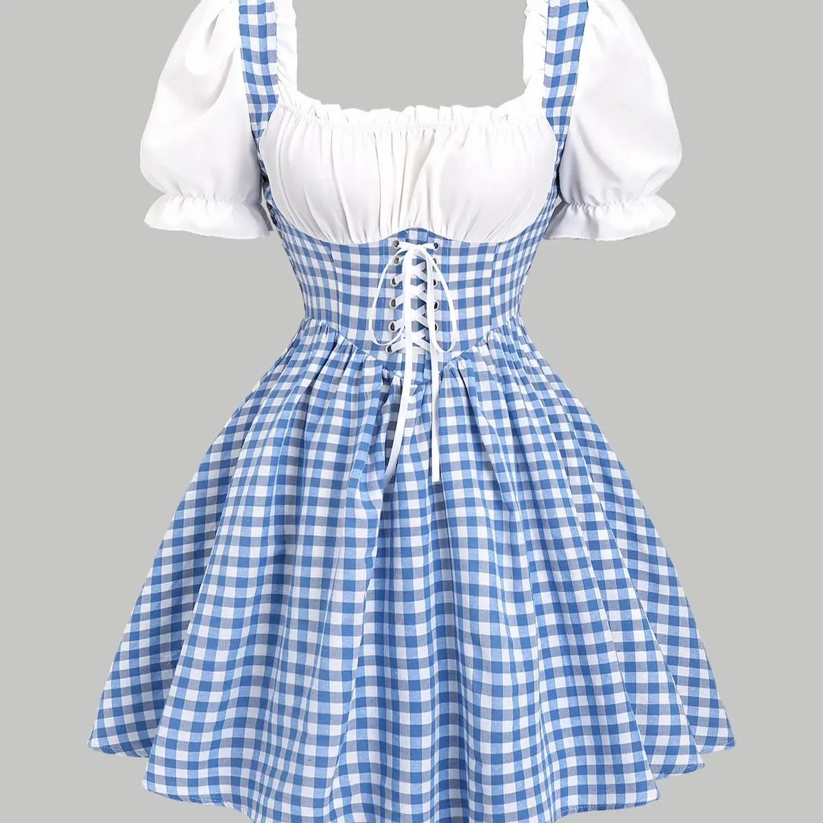Lunivop  Blue and white gingham square necked puff sleeved lace up short dress