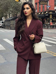 Lunivop Burgundy Blazers Long Pants Sets Women Elegant Double Breasted Jackets Suits With High Waist Pant Lady Spring Office Outfits