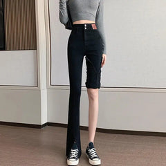 Lunivop  High Waist Straight Leg Black Denim Jeans Women's Spring Fashion Slit Elastic Micro Flare Trousers Korean Design Sensation