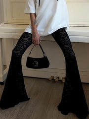 Lunivop  Sexy Slim Lace Flare Pants See Through Solid Mid-Waisted Wide Lege Pants Women Underwear Leggings Streetwear Ladies