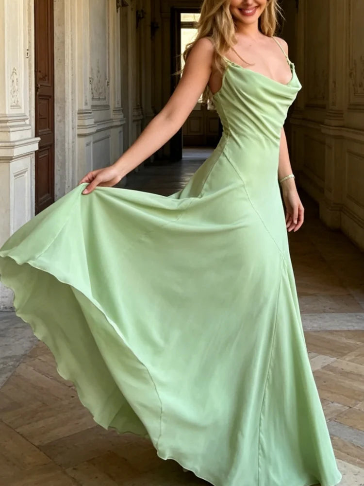 Lunivop  Women Chic Green Sleeveless Sling Maxi Dress Sexy Off-shoulder Swing Collar Backless High Waist Slim Fit Dresses Party Wear