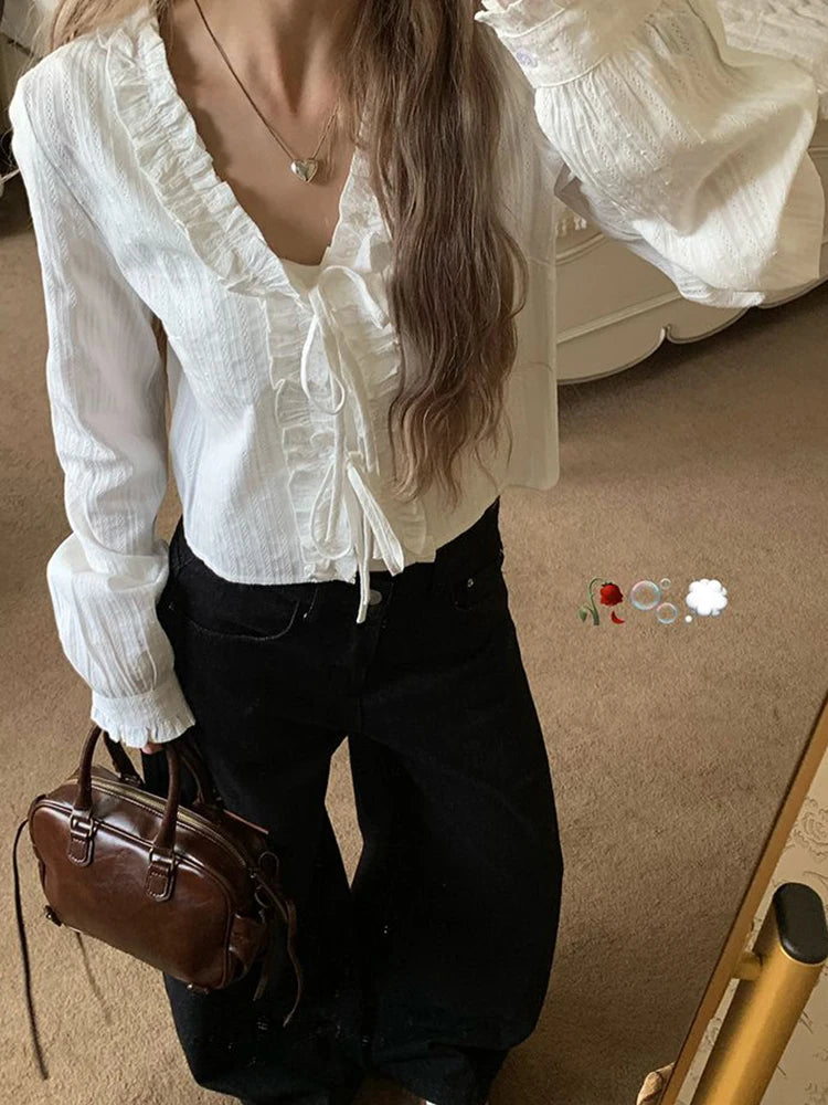 Lunivop  Lace Up Sweet White Shirts Women Vintage Long Sleeve Cropped Blouse Casual V Neck Female Korean Elegant Retro Tops New