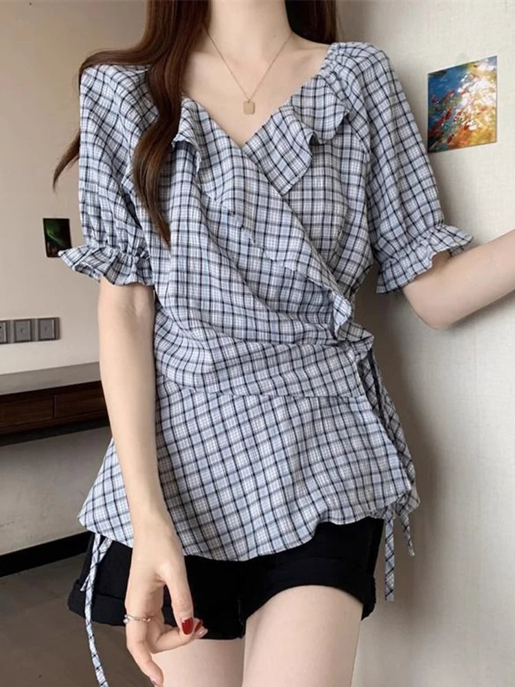 Lunivop  Ruffles Vintage Plaid Blouse Women Causal Sweet Slim Short Sleeve Shirt Korean Retro Female Lace Up Elegant Design Tops New