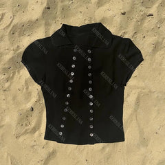 Lunivop  2000s Button punk Aesthetic solid color rop top casual fashion streetwear Hip-hop hot girl American Retro summer short T-shirts