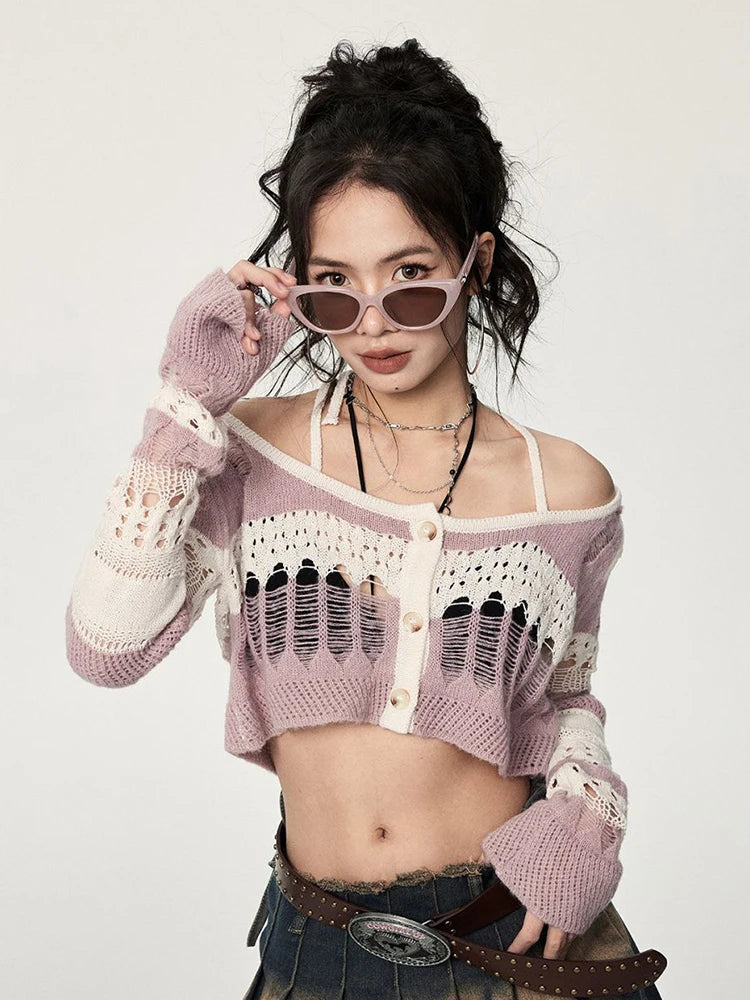 Lunivop Streetwear Hollow Out Cardigan Women Vintage Y2K Sexy Cropped Knitted Sweaters Fall Long Sleeve Loose Halter Striped Tops
