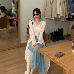 Lunivop  New Chinese Style V-neck Split Tops Women Summer Slim Fit Hollow Out White Cardigan Y2k E-Girl Long Sleeve Blusas Mujer