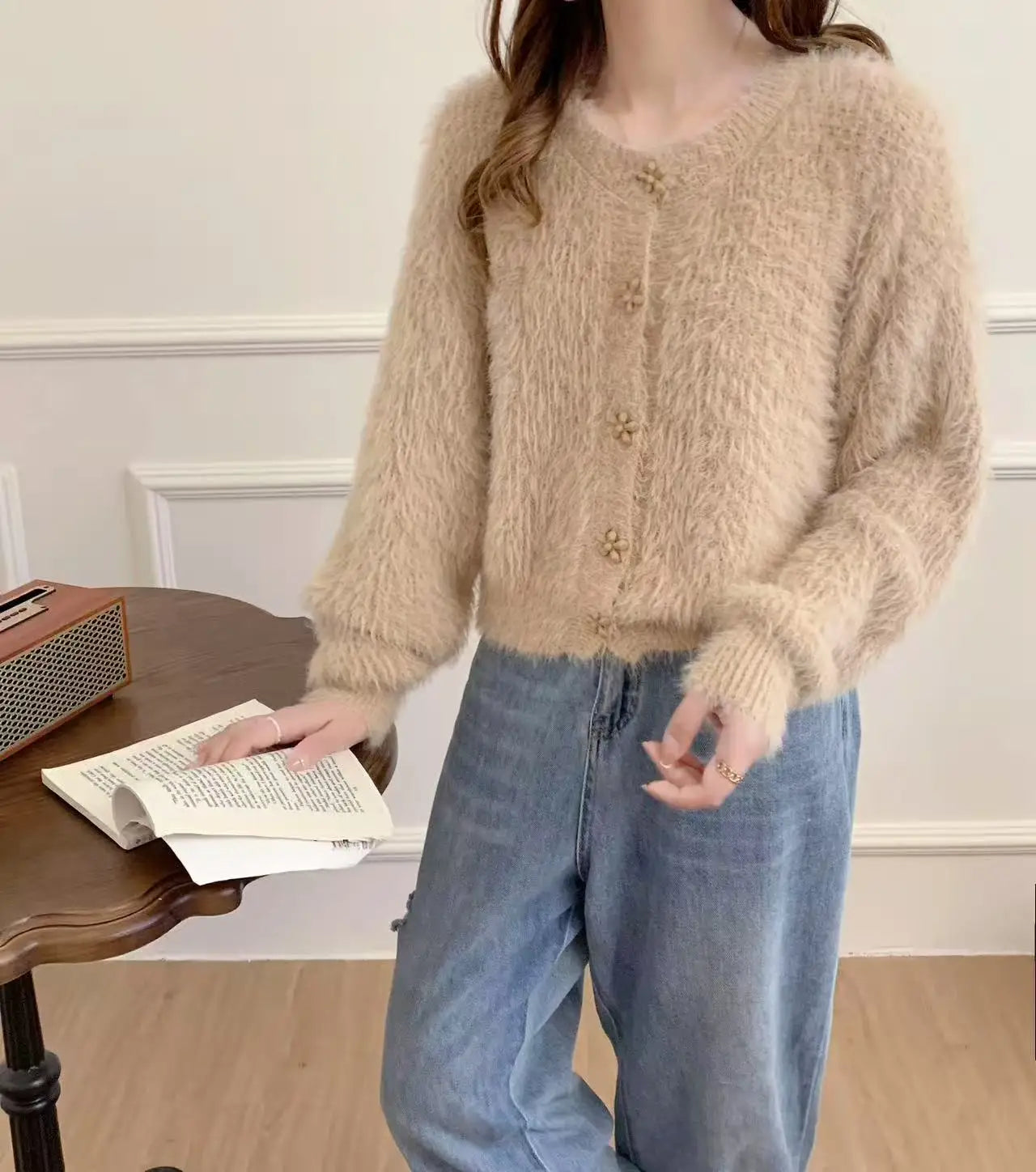 Lunivop Flower Button Fuzzy Knit Sweater Cardigan Warm Fluffy Button-up Crop Sweater Jacket Knitwear Teen-girl Fall Winter Cute Outfit