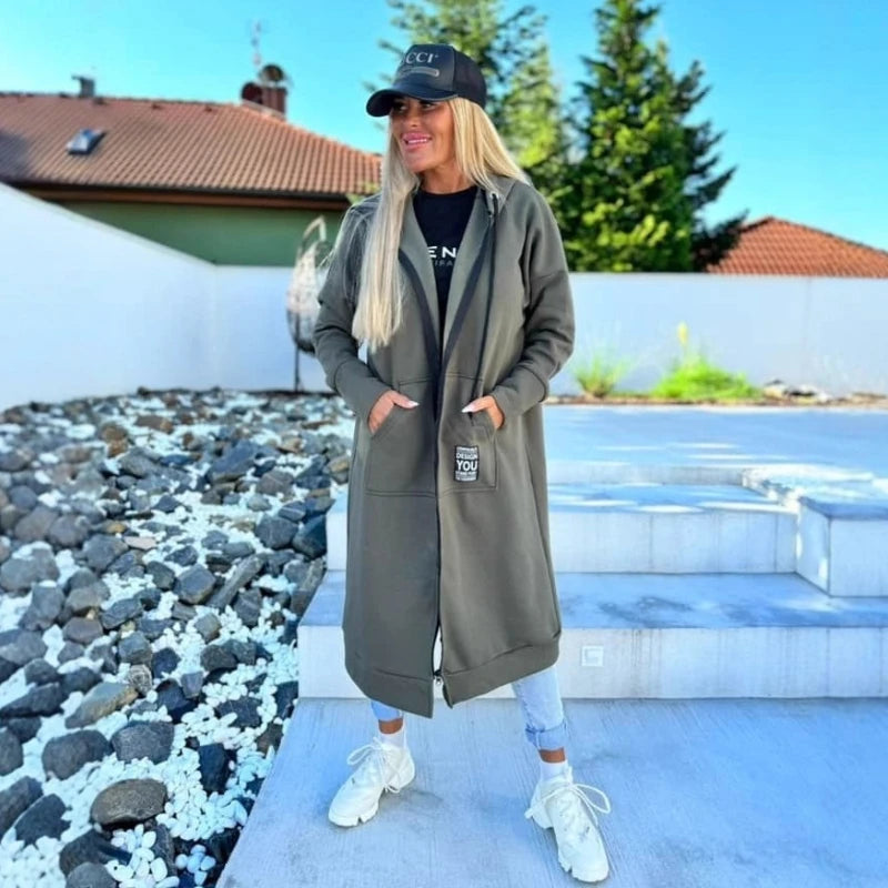 Lunivop  Autumn and Winter New Women's Elegant Long Coat Warm and Thick Hooded Solid Color with Velvet Pocket Windbreaker Coat