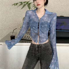 Lunivop  Summer New Slim Fit Lace Up Cardigans American Vintage Blue Lapel Neck Tops Women Y2k Grunge Long Sleeve Blusas Mujer