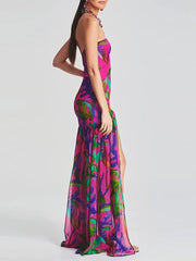 Lunivop  Women Tube Top Dress Slim Strapless Backless Mesh Patchwork Tropical Print High Slit Long Dress for Party Club Night