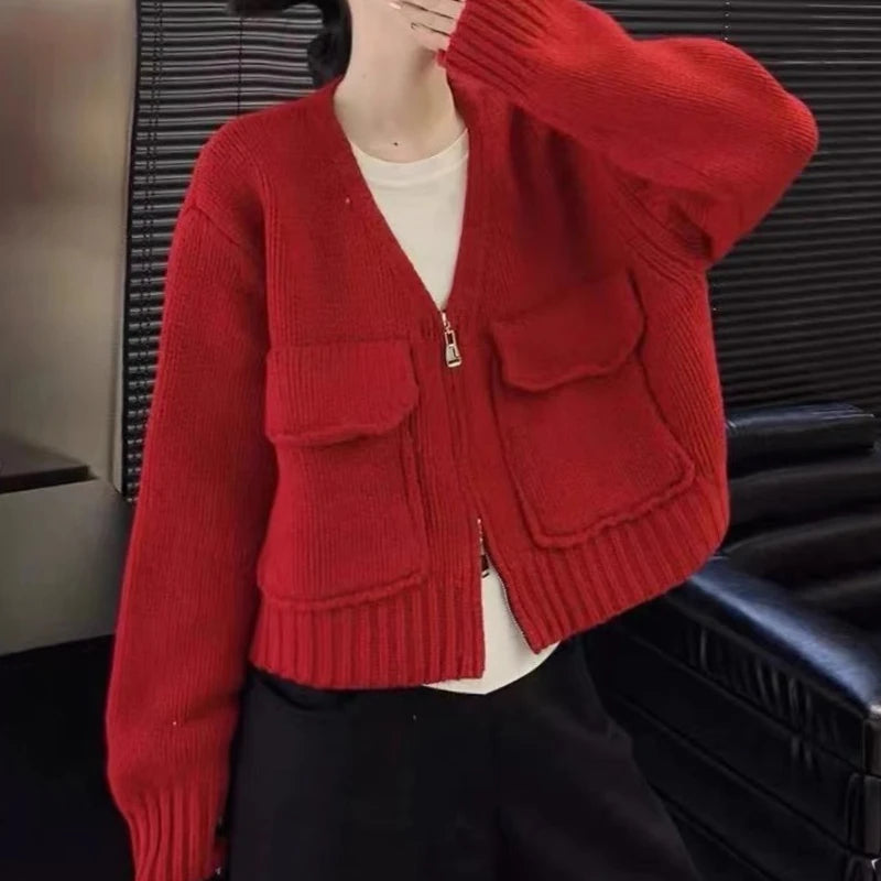 Lunivop Women's Zip Up Knit Cardigan with Pocket V-neck Zipper Front Crop Sweater Jacket Female Teen-girl Autumn Winter Y2K Outfit