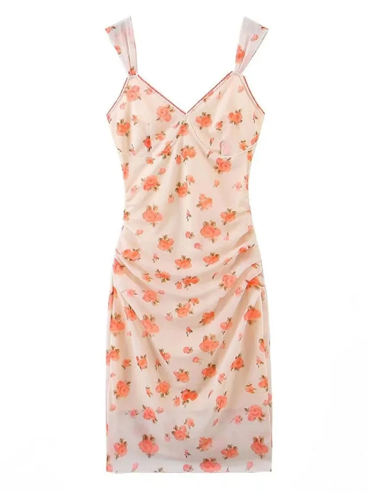Lunivop  Sexy Small Flower Print Deep V neck Mesh Sling Dress Woman Ruched Package Hips Spaghetti Strap Mini Party Dresses Bodycon