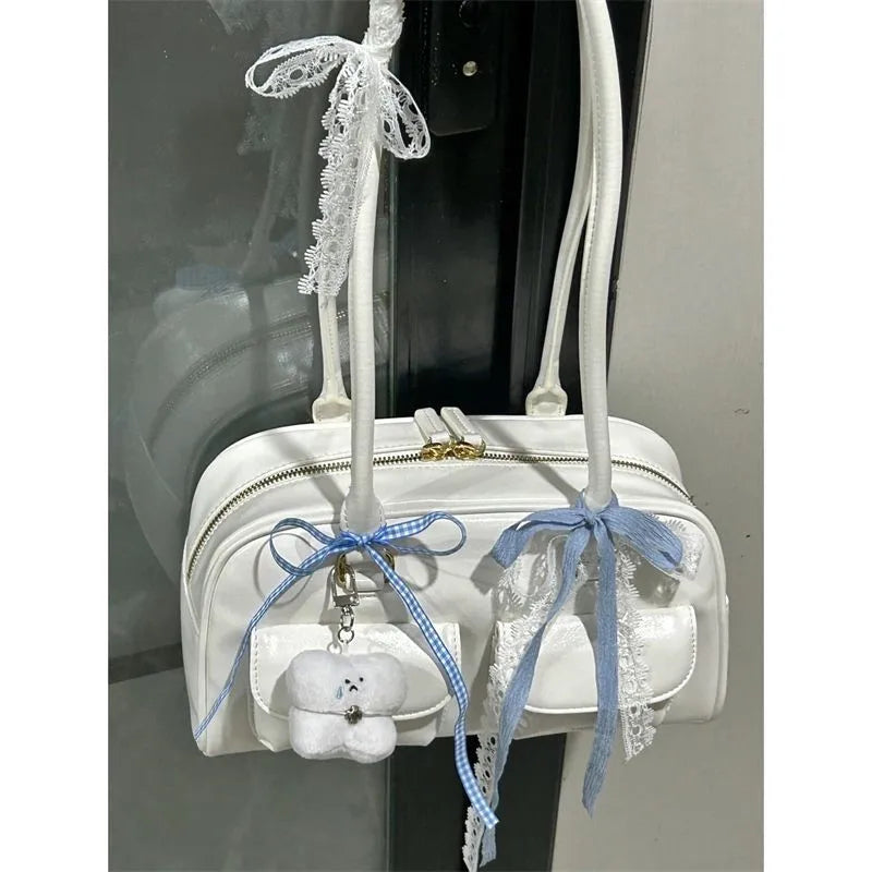 Lunivop Retro White Bowling Bag Purse Women Hot Girls Leather Pocket Chic Casual Handbag Female Vintage Shoulder Bags Aesthetic
