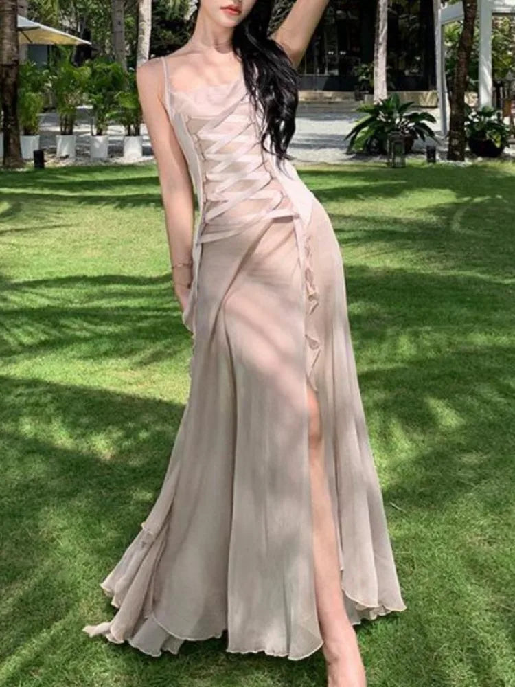 Lunivop  Women's Summer Elegant Backless Long Dresses New Fashion Spaghetti Strap Evening Party Prom Split Bandage Ruffled Sexy Dress
