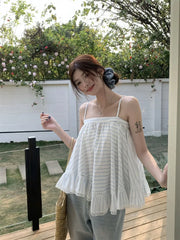Lunivop  Striped Camis Women Lace Patchwork Summer Fashion Loose Slash Neck Chic Sweet Tank Tops Female Casual Backless