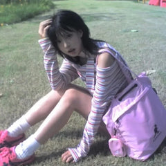 Lunivop Japanese Style Y2k Sexy T-shirt Off Shoulder Vintage Rainbow Striped Tops Harajuku 2000s Long Sleeve T-Shirt Aesthetics