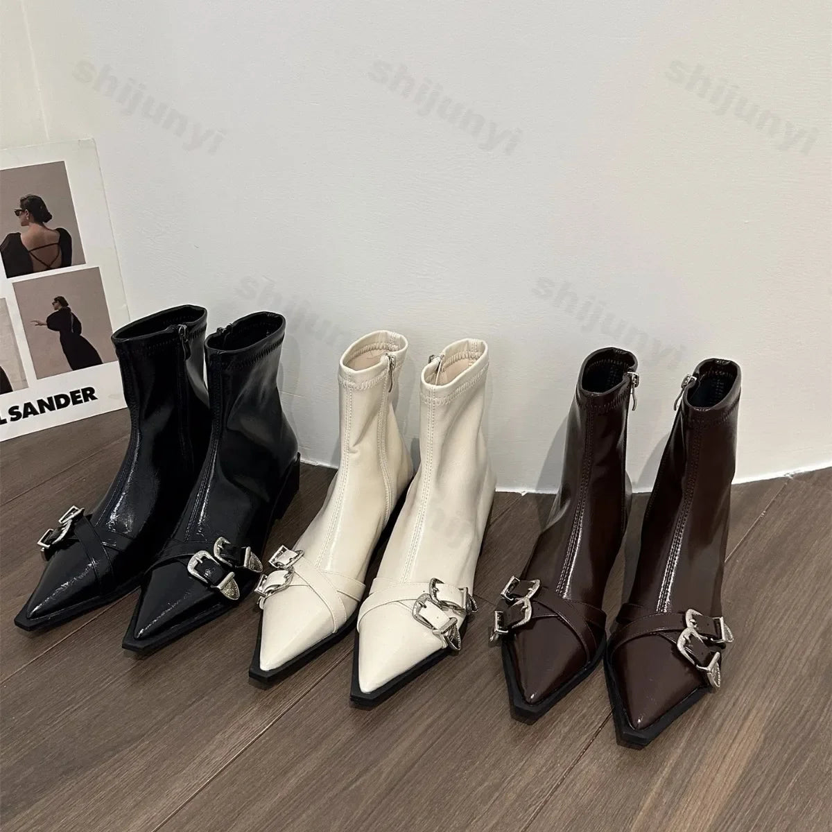 Lunivop Autumn Women Ankle Boots New Fashion Pointed Toe Ladies Designer Buckle Short Boot Square Low Heel Casual Women's Footwear