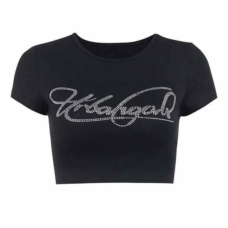 Lunivop Y2k Clothes Vintage Cartoon Rhinestones Aesthetic WomenTops Fairy Grunge Graphic T Shirts Slim Super Short Style Top