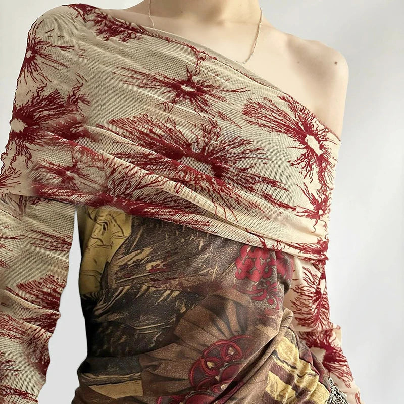 Lunivop  Vintage Mesh See Through Cropped Top y2k Aesthetic Floral Print Slash Neck Long Sleeve T-Shirts Women Retro Fashion Tees