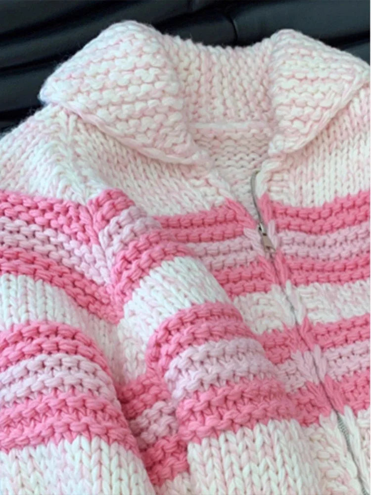 Lunivop Lazy Wind Women Sweet Cute Cardigan Sweaters Vintage Striped Long Sleeve Loose Knitted Jacket Fall Winter Soft Warm Female Tops