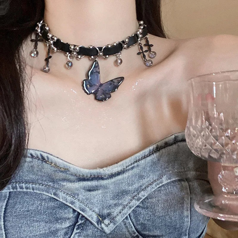 Lunivop Trendy Punk Vintage Butterfly Cross Necklace for Women Exquisite PU Leather Charms Choker Sweet Cool Party Jewelry Y2K Gifts