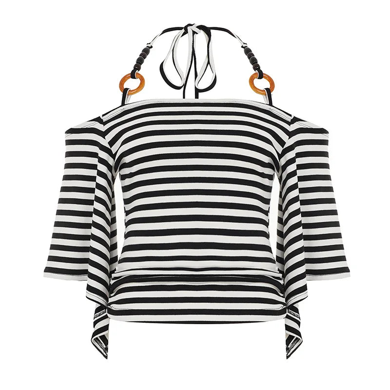 Lunivop  Euramerican Chic Fashion Vintage Halter Beading T Shirts Y2k High Street Flare Sleeve Summer Clothes Harajuku Casual Striped Top