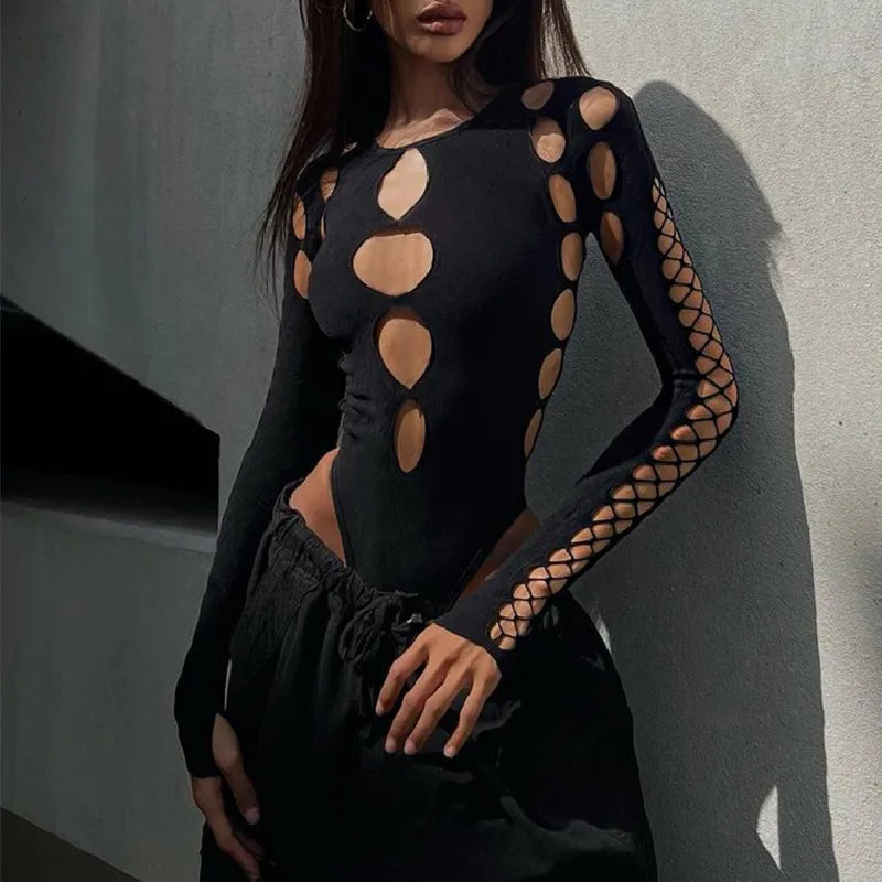 Lunivop   Sexy Dot Hollow Out Bodysuit Y2K Gothic Punk Long Sleeves Bodycon T-shirt Women Autumn Streetwear Slim Bodice Bodysuits