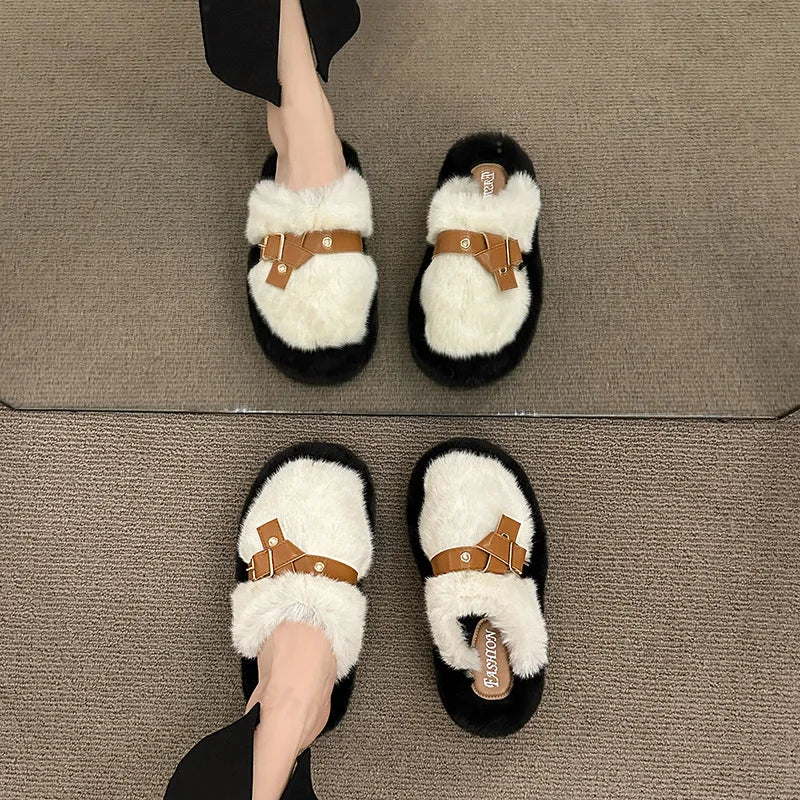 Lunivop Slippers Casual Flock  Platform Shoes New Fur Flip Flops Cover Toe Slipers Women Slides Luxury Plush Flat Rubber Slippers