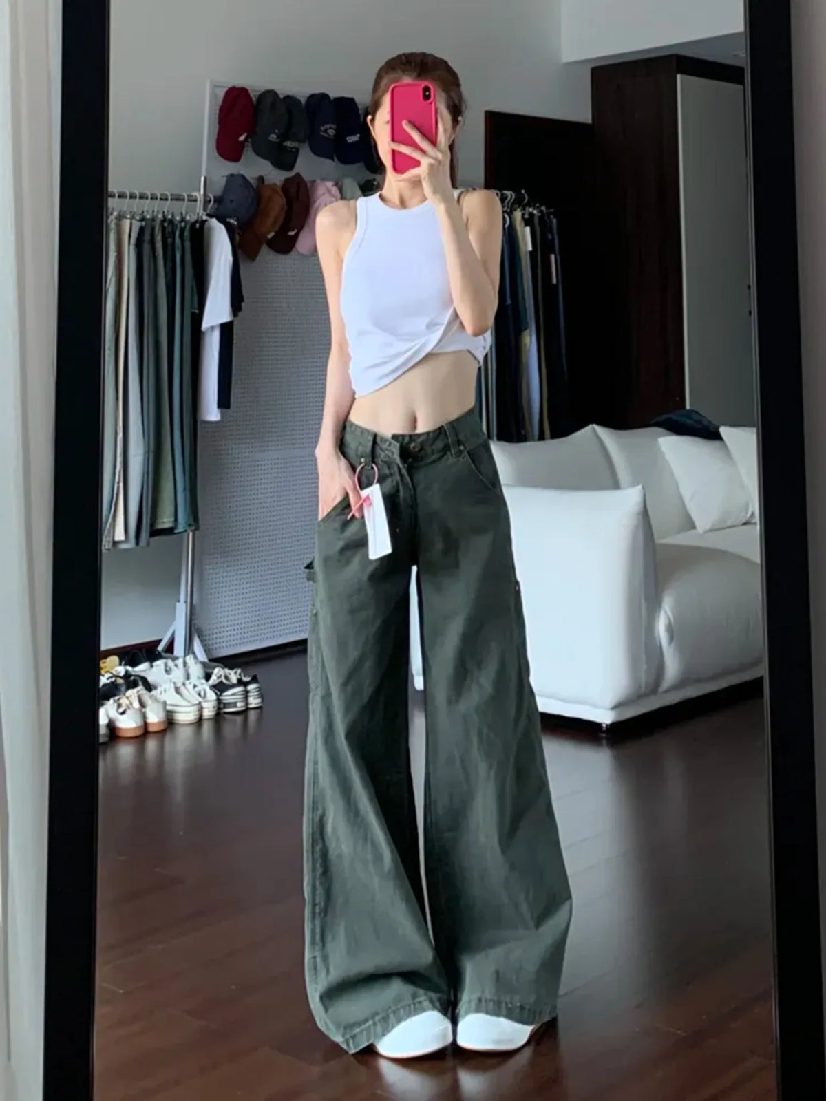 Lunivop  American Retro Army Green Cargo Jeans for Women Autumn Winter High Waist Slim Design Straight Wide Leg Floor Length Pants