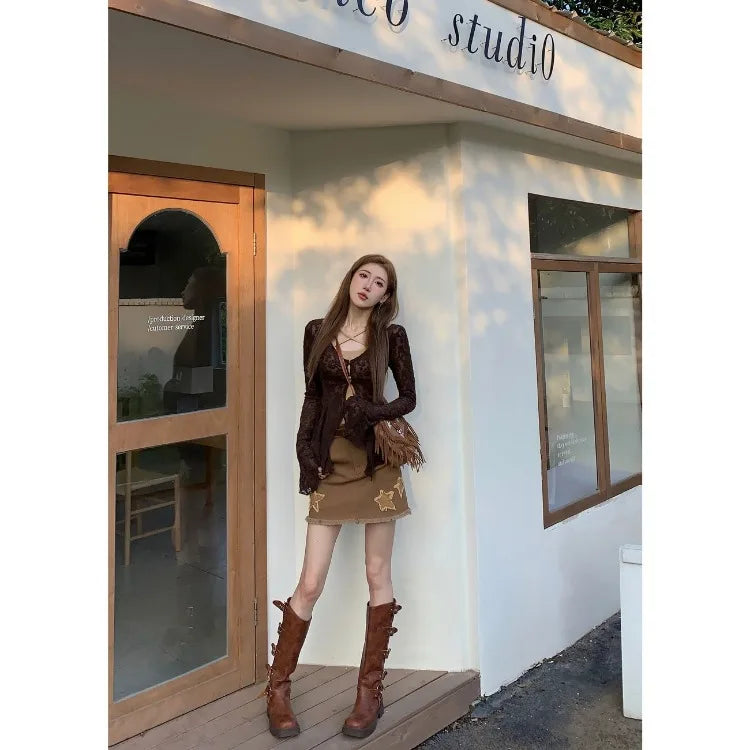 Lunivop  Vintage Long Sleeve Slim Fit Cardigan Coat Women+ Sexy Slim Fit Bottoming Camisole Vest 2025 Summer New Two Piece Sets
