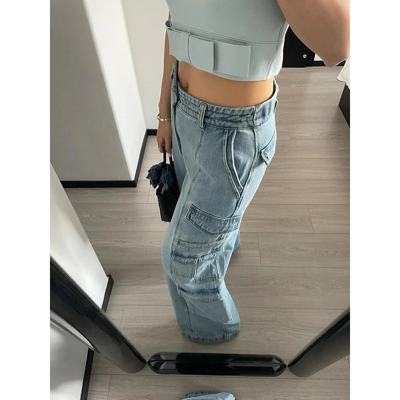 Lunivop Street Vintage Jeans New Y2K Harajuku Wash Blue Multiple pockets Baggy Jeans Denim Pants  Womens High Waist Wide Trousers