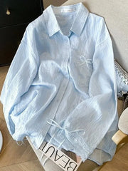 Lunivop  Blue Sweet Sun Proof Shirt Women Lace Patchwork Bow Korean Blouse Loose Fashion Long Sleeve Elegant Female Casual Cute Tops