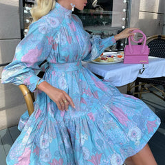 Lunivop  Summer Print Waist Pleated Backless Dress Women Bohomian Elegant Off Shoulder Puff Sleeve Party Long Maxi Dresses