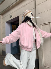 Lunivop Pink Faux Suede Jacket Women Sweet Long Sleeve Vintage Streetwear Baseball Coat Fall Casual Retro American Y2K Lady Outwear