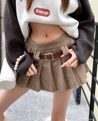 Lunivop Y2K Low Rise Houndstooth Mini Skirt with Belt Woolen Pleated Mini Skirt Ladies Autumn Winter Outfit