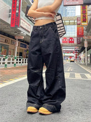 Lunivop Grunge Black Jeans Women Y2k Vintage Oversized High Street Wide Cargo Denim Trousers Casual Baggy Straight Denim Pants