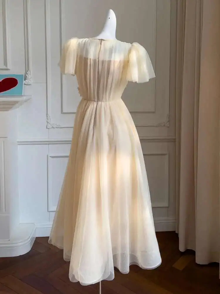 Lunivop Embroidery Mesh Spliced Long Dresses For Women V Neck High Waist Short Sleeve Elegant Dress Female Summer 2025