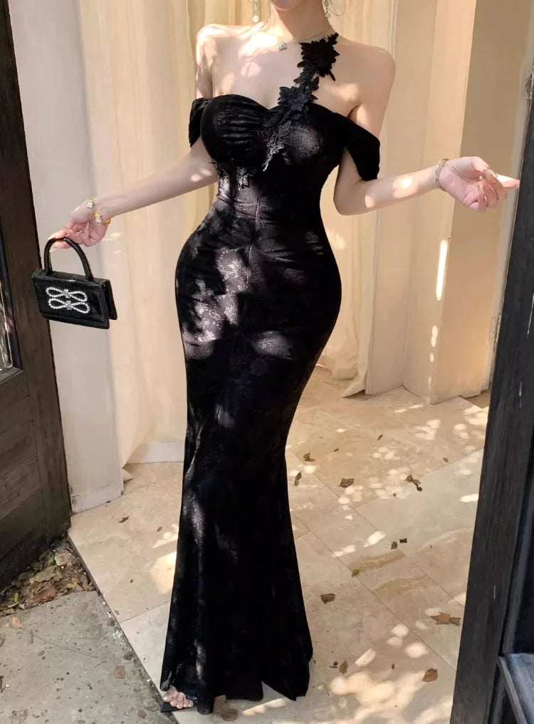 Lunivop  Woman Dress Slash Neck Sexy Flowers Off Shoulder Backless Vintage Elegant Temperament Party Mermaid Dress Female Cocktail
